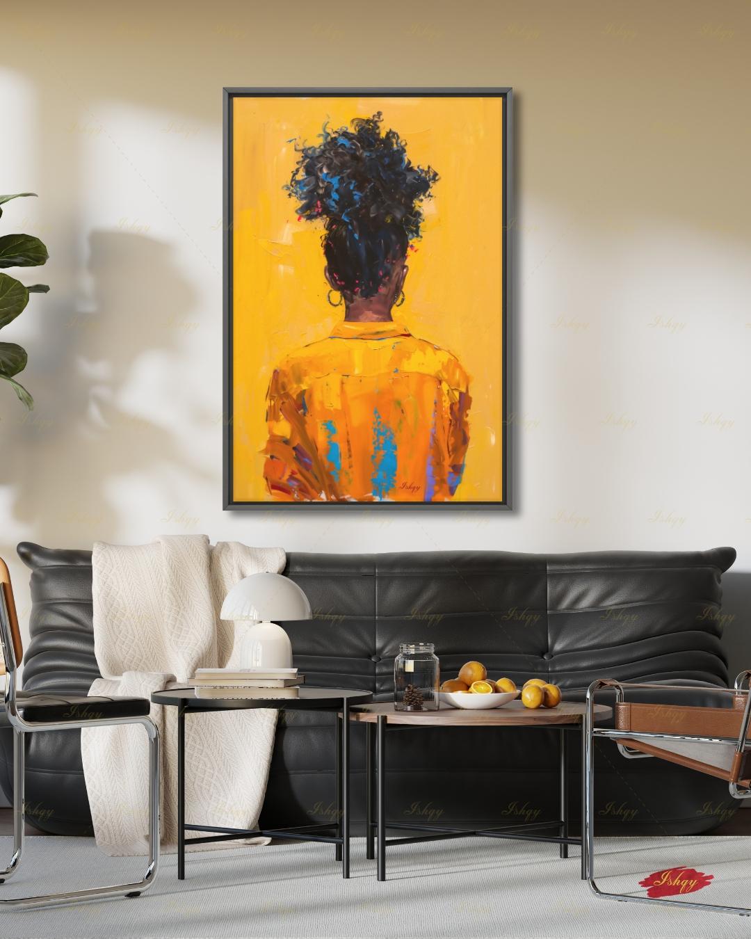 African American Woman Canvas Wall Art, Natural Hair Afro Framed Canvas Print, Yellow Textured Afrocentric Portrait Painting, Living Room Decor