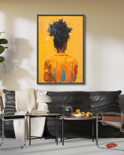 African American Woman Canvas Wall Art, Natural Hair Afro Framed Canvas Print, Yellow Textured Afrocentric Portrait Painting, Living Room Decor