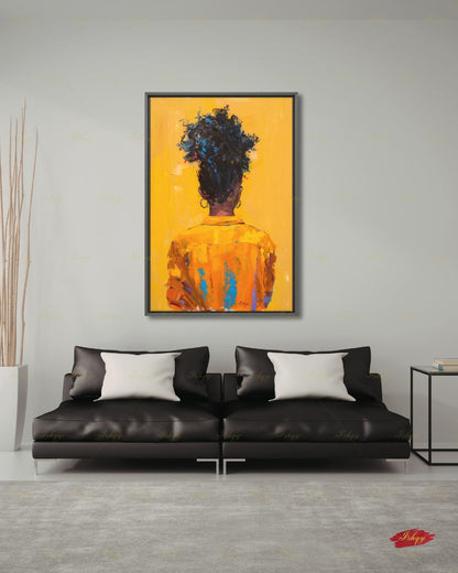 African American Woman Canvas Wall Art, Natural Hair Afro Framed Canvas Print, Yellow Textured Afrocentric Portrait Painting, Living Room Decor