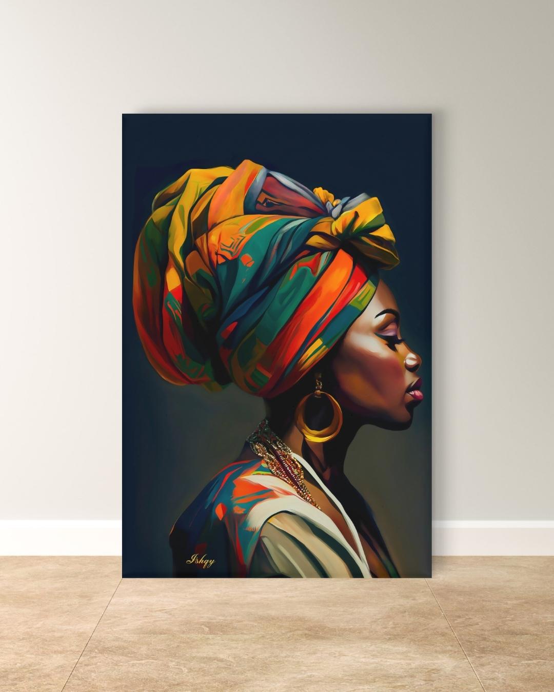 African Woman Portrait Painting, Vibrant Headwrap Wall Art, Afrocentric Beauty Canvas for Living Room, Bedroom, or Cultural Home Decor
