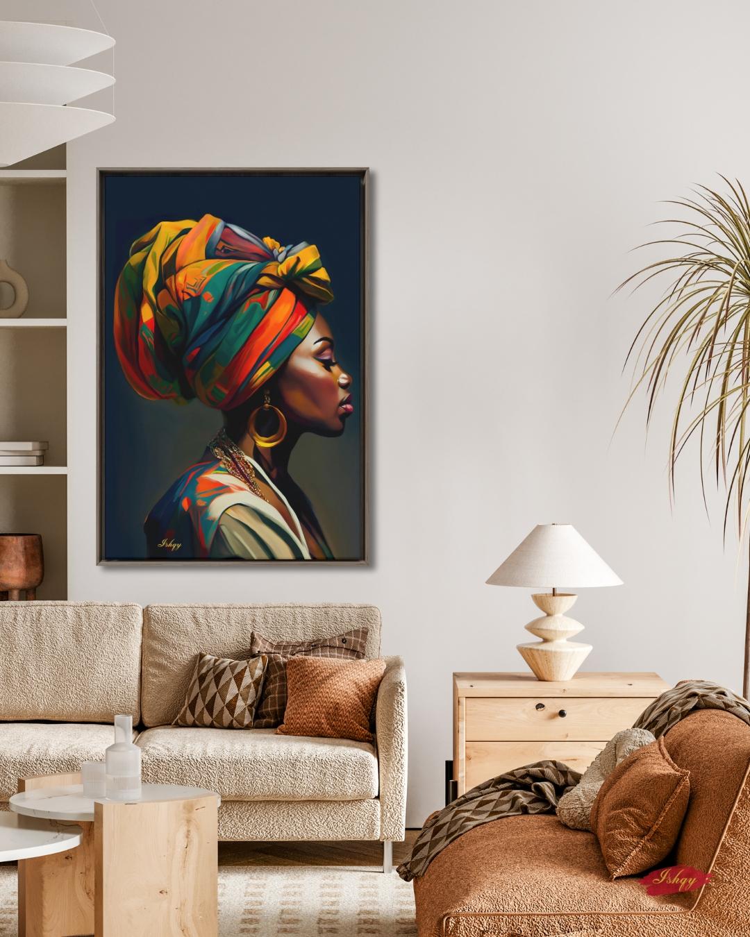 African Woman Portrait Painting, Vibrant Headwrap Wall Art, Afrocentric Beauty Canvas for Living Room, Bedroom, or Cultural Home Decor