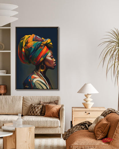 African Woman Portrait Painting, Vibrant Headwrap Wall Art, Afrocentric Beauty Canvas for Living Room, Bedroom, or Cultural Home Decor