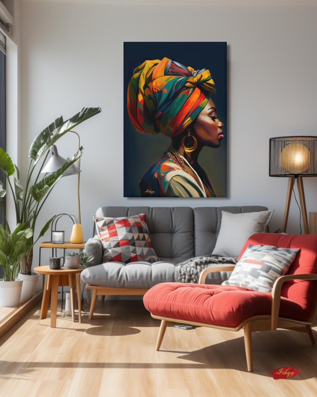 African Woman Portrait Painting, Vibrant Headwrap Wall Art, Afrocentric Beauty Canvas for Living Room, Bedroom, or Cultural Home Decor