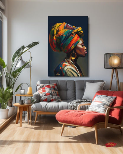 African Woman Portrait Painting, Vibrant Headwrap Wall Art, Afrocentric Beauty Canvas for Living Room, Bedroom, or Cultural Home Decor