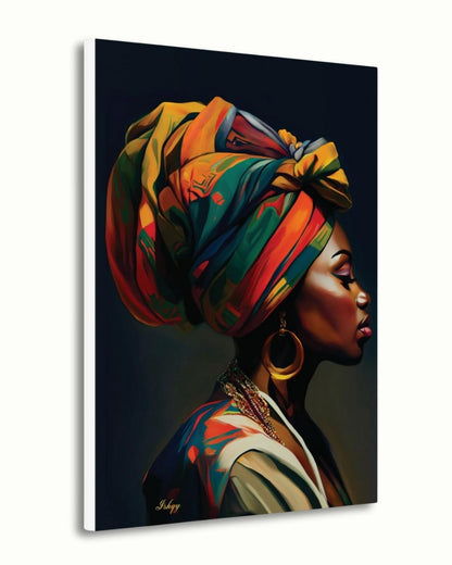 African Woman Portrait Painting, Vibrant Headwrap Wall Art, Afrocentric Beauty Canvas for Living Room, Bedroom, or Cultural Home Decor