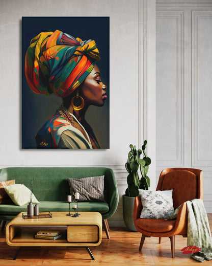 African Woman Portrait Painting, Vibrant Headwrap Wall Art, Afrocentric Beauty Canvas for Living Room, Bedroom, or Cultural Home Decor