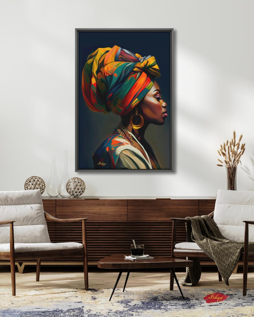 African Woman Portrait Painting, Vibrant Headwrap Wall Art, Afrocentric Beauty Canvas for Living Room, Bedroom, or Cultural Home Decor