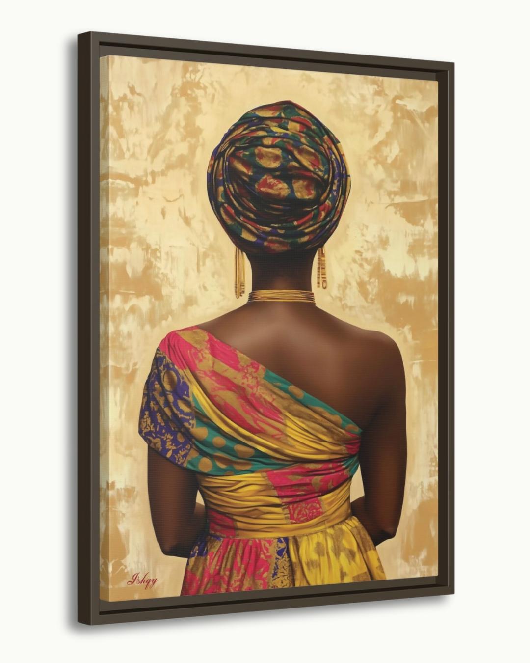 Nigerian Woman Headwrap Portrait Wall Art Print, Canvas, Framed Canvas, Afrocentric Gold Background Painting, African Decor for Living Room Bedroom