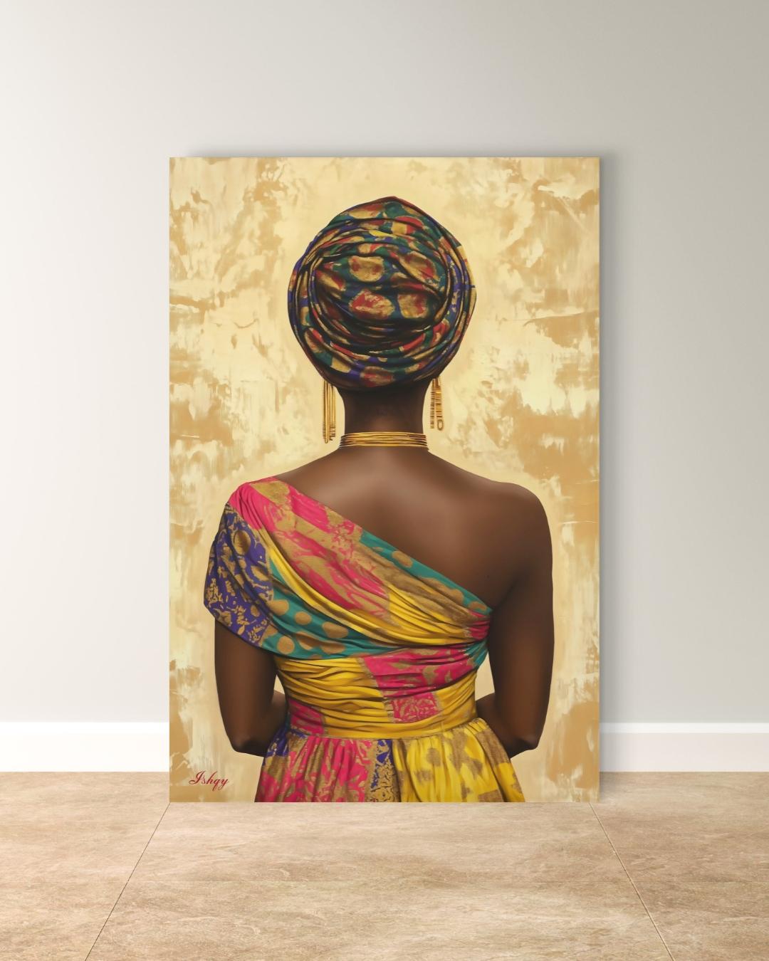 Nigerian Woman Headwrap Portrait Wall Art Print, Canvas, Framed Canvas, Afrocentric Gold Background Painting, African Decor for Living Room Bedroom
