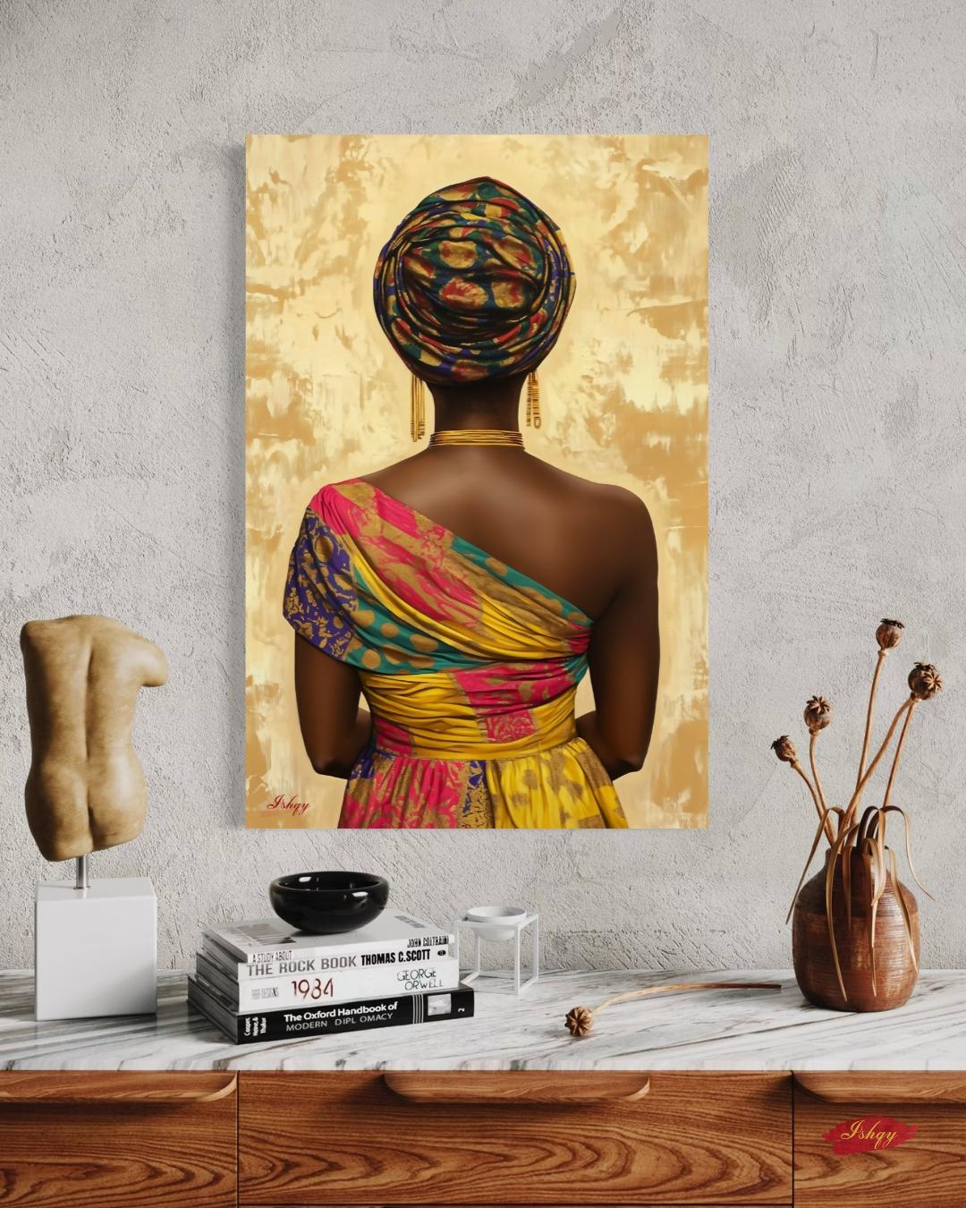 Nigerian Woman Headwrap Portrait Wall Art Print, Canvas, Framed Canvas, Afrocentric Gold Background Painting, African Decor for Living Room Bedroom