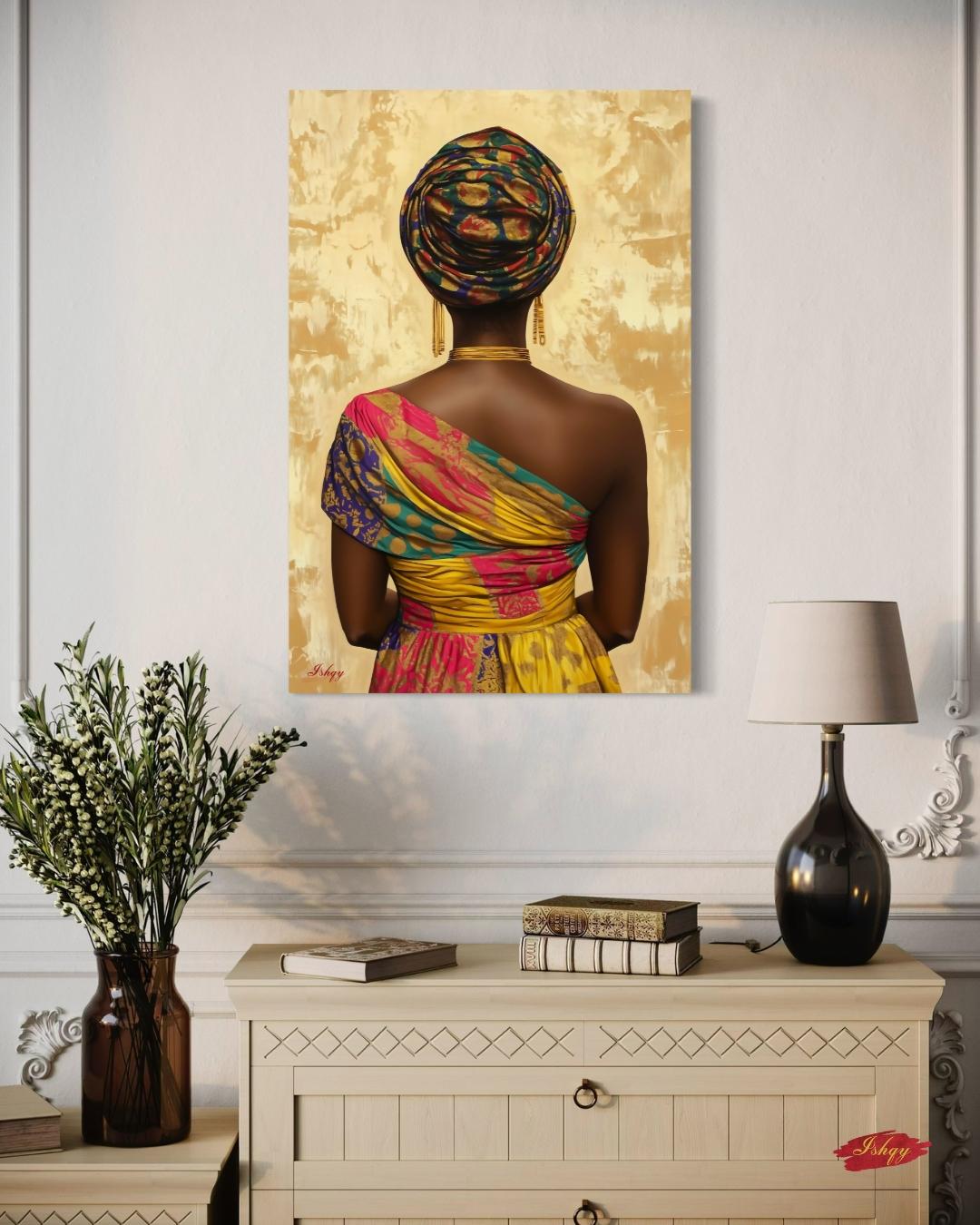 Nigerian Woman Headwrap Portrait Wall Art Print, Canvas, Framed Canvas, Afrocentric Gold Background Painting, African Decor for Living Room Bedroom