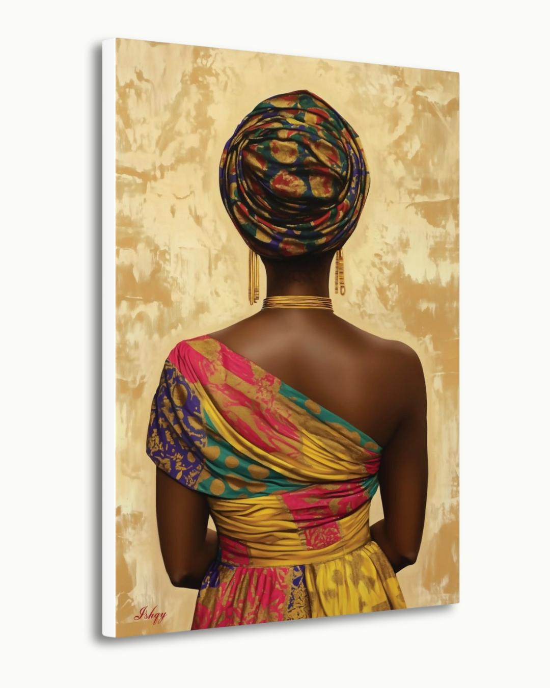 Nigerian Woman Headwrap Portrait Wall Art Print, Canvas, Framed Canvas, Afrocentric Gold Background Painting, African Decor for Living Room Bedroom
