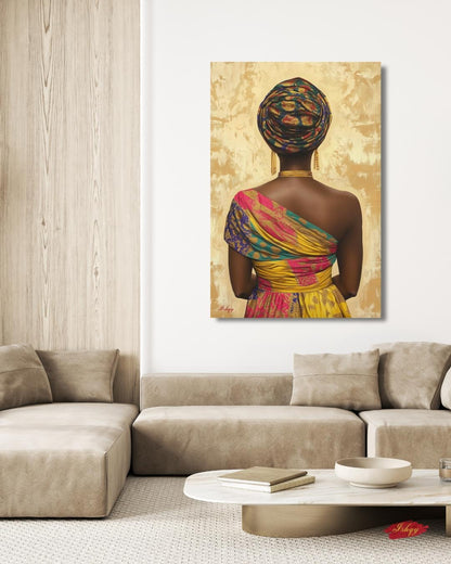 Nigerian Woman Headwrap Portrait Wall Art Print, Canvas, Framed Canvas, Afrocentric Gold Background Painting, African Decor for Living Room Bedroom