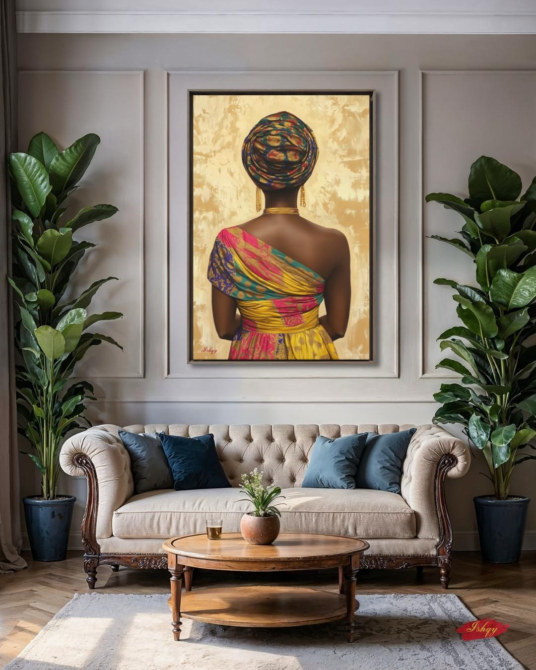 Nigerian Woman Headwrap Portrait Wall Art Print, Canvas, Framed Canvas, Afrocentric Gold Background Painting, African Decor for Living Room Bedroom