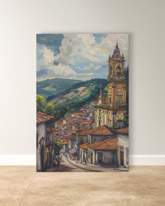 Ouro Preto Brazil Cityscape Wall Art Print Canvas Framed Canvas Colonial Baroque Church Historic Town Painting Rustic Travel Home Decor