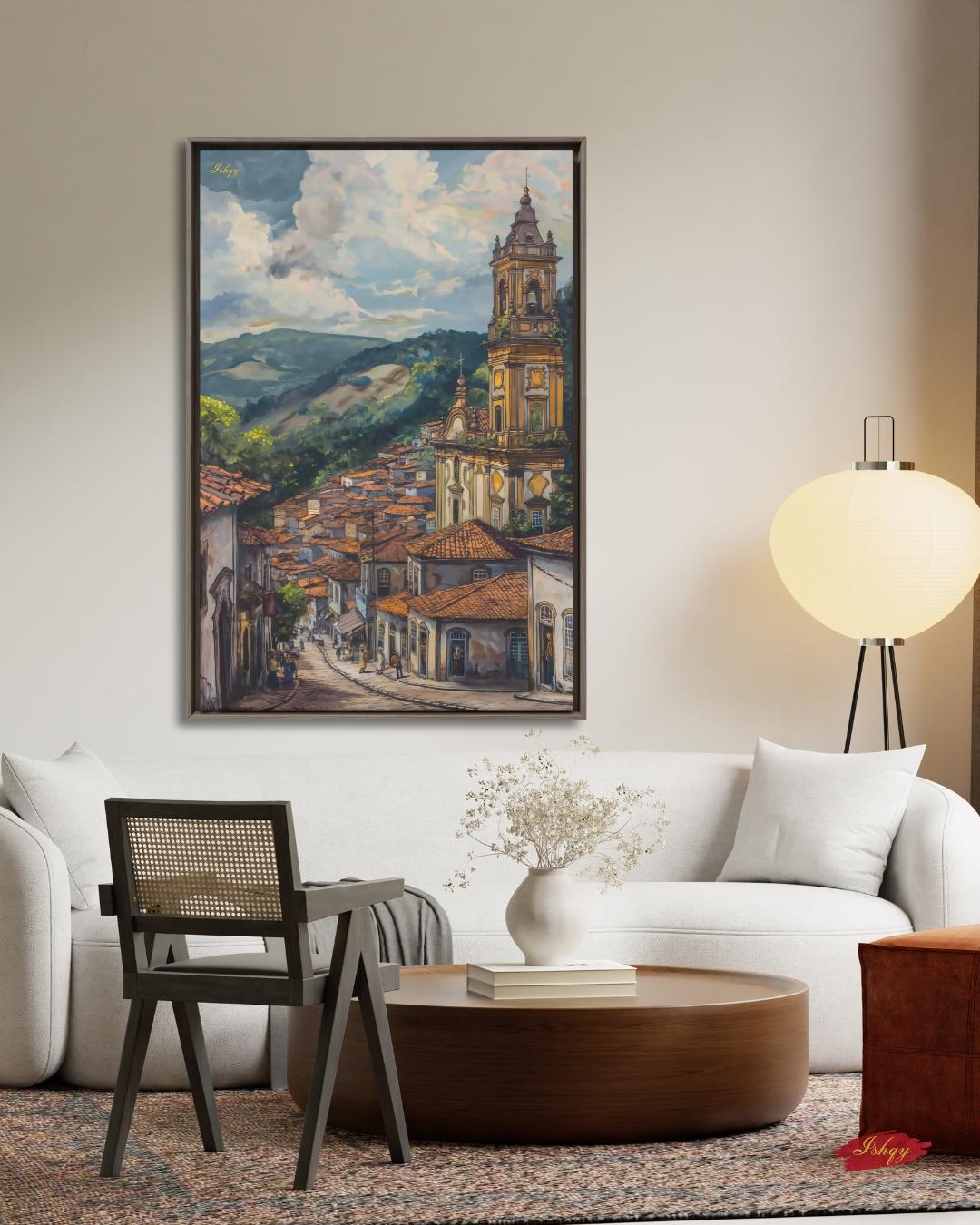 Ouro Preto Brazil Cityscape Wall Art Print Canvas Framed Canvas Colonial Baroque Church Historic Town Painting Rustic Travel Home Decor