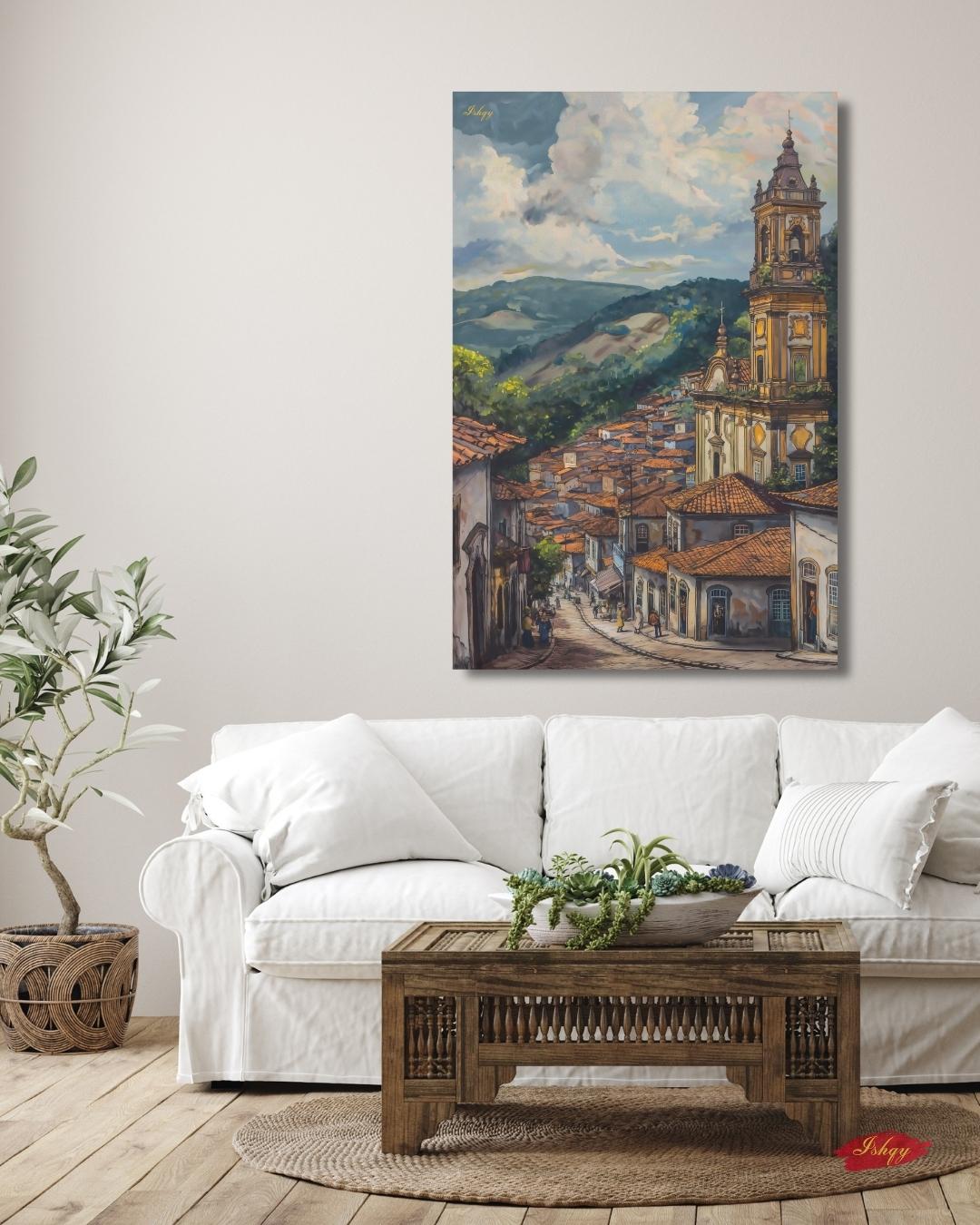 Ouro Preto Brazil Cityscape Wall Art Print Canvas Framed Canvas Colonial Baroque Church Historic Town Painting Rustic Travel Home Decor
