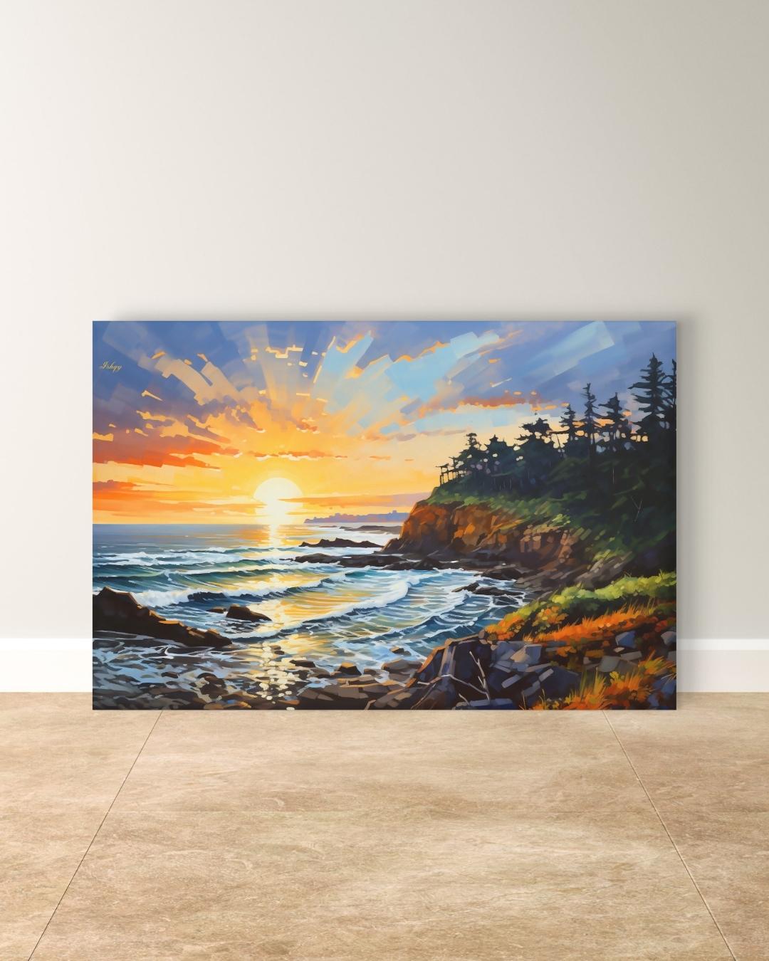 Oregon Coast Sunset Painting, Pacific Ocean Seascape Wall Art, Coastal Landscape Canvas for Living Room, Bedroom, or Beach Home Decor