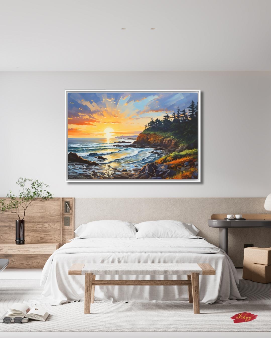 Oregon Coast Sunset Painting, Pacific Ocean Seascape Wall Art, Coastal Landscape Canvas for Living Room, Bedroom, or Beach Home Decor