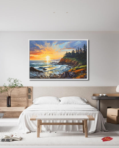 Oregon Coast Sunset Painting, Pacific Ocean Seascape Wall Art, Coastal Landscape Canvas for Living Room, Bedroom, or Beach Home Decor