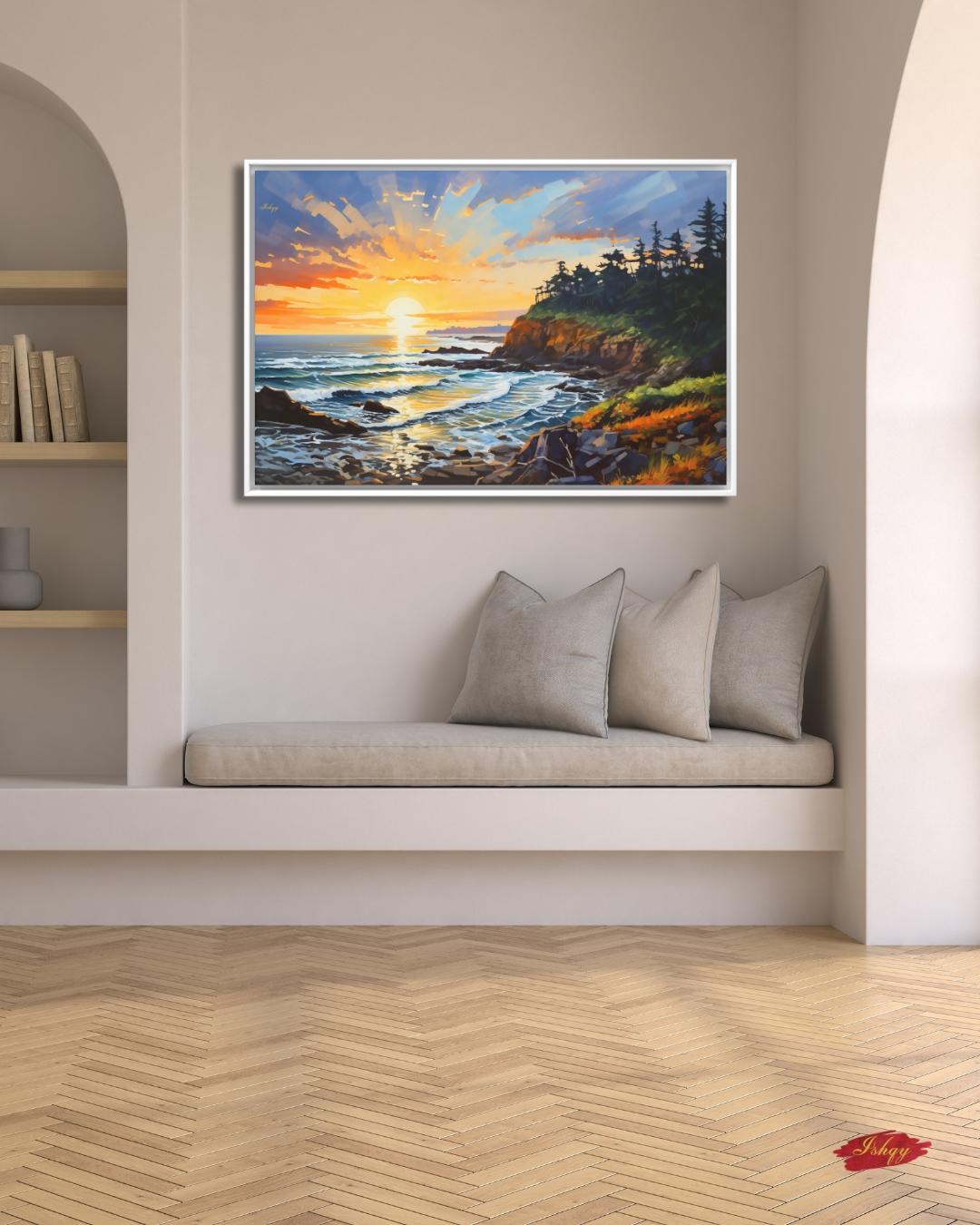 Oregon Coast Sunset Painting, Pacific Ocean Seascape Wall Art, Coastal Landscape Canvas for Living Room, Bedroom, or Beach Home Decor