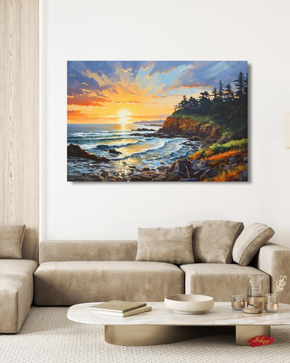 Oregon Coast Sunset Painting, Pacific Ocean Seascape Wall Art, Coastal Landscape Canvas for Living Room, Bedroom, or Beach Home Decor