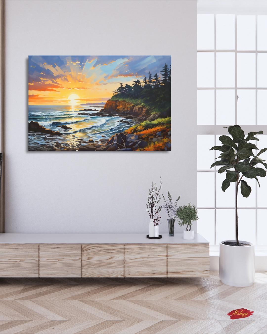Oregon Coast Sunset Painting, Pacific Ocean Seascape Wall Art, Coastal Landscape Canvas for Living Room, Bedroom, or Beach Home Decor