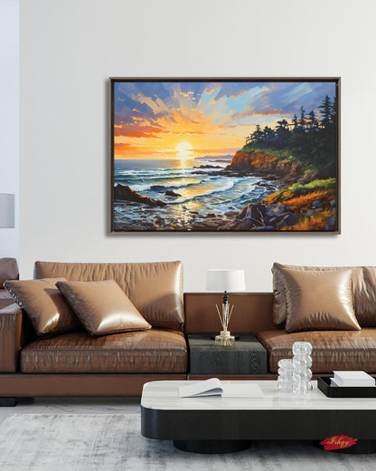 Oregon Coast Sunset Painting, Pacific Ocean Seascape Wall Art, Coastal Landscape Canvas for Living Room, Bedroom, or Beach Home Decor