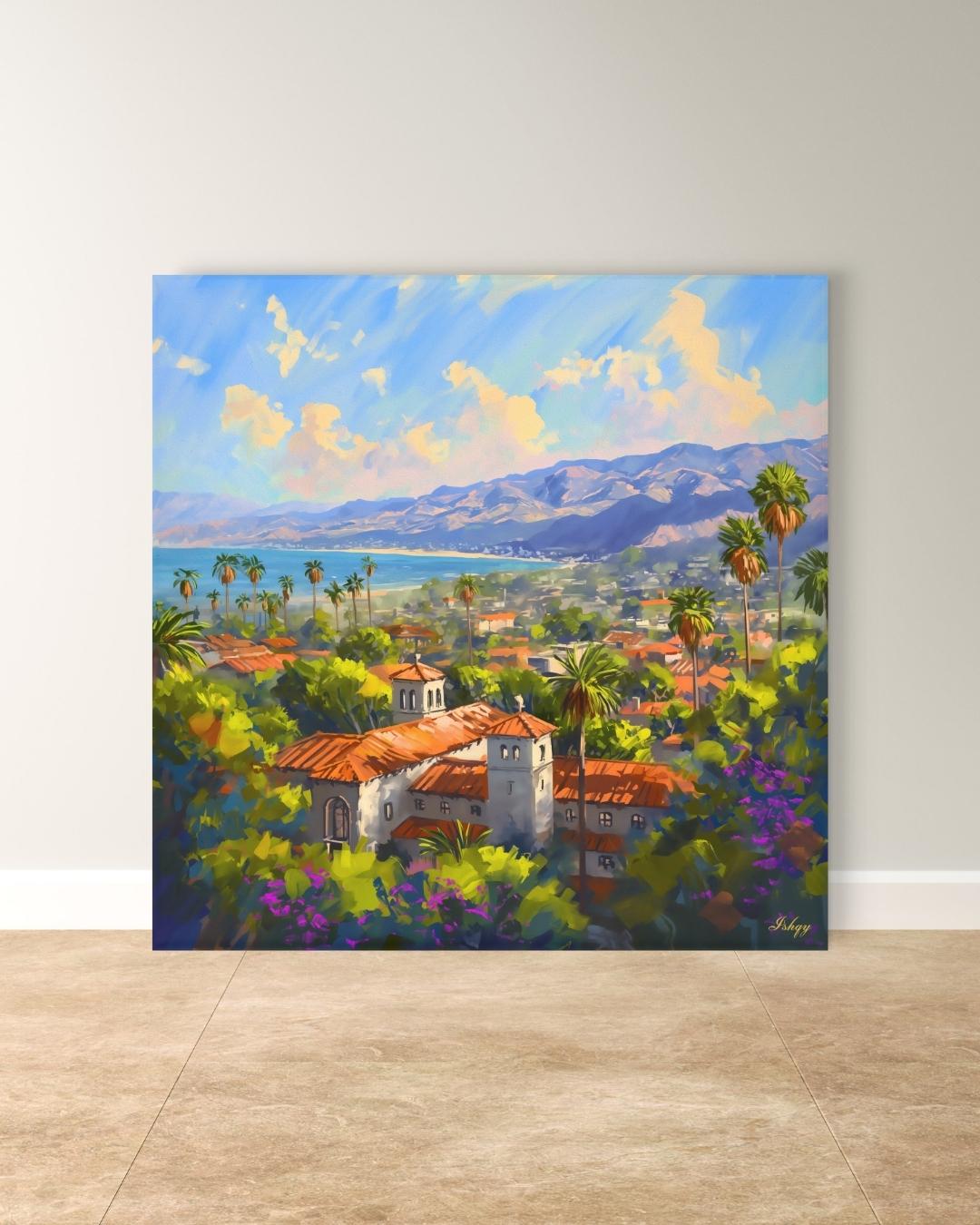 Santa Barbara Coast Art Print, California Landscape Canvas, Mediterranean Ocean View Painting, Colorful Coastal Wall Decor for Home