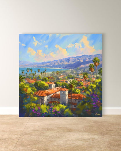 Santa Barbara Coast Art Print, California Landscape Canvas, Mediterranean Ocean View Painting, Colorful Coastal Wall Decor for Home