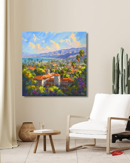 Santa Barbara Coast Art Print, California Landscape Canvas, Mediterranean Ocean View Painting, Colorful Coastal Wall Decor for Home