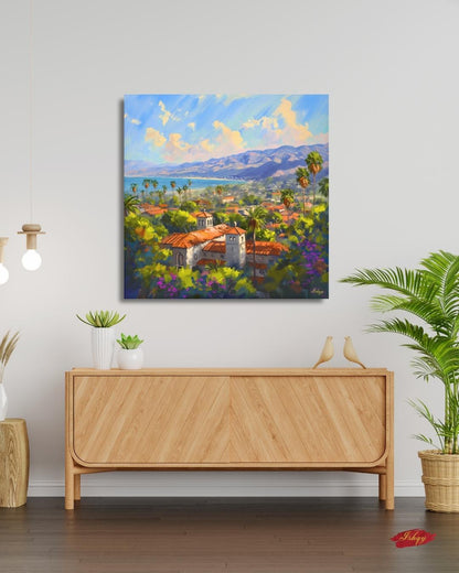 Santa Barbara Coast Art Print, California Landscape Canvas, Mediterranean Ocean View Painting, Colorful Coastal Wall Decor for Home