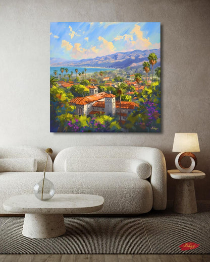 Santa Barbara Coast Art Print, California Landscape Canvas, Mediterranean Ocean View Painting, Colorful Coastal Wall Decor for Home
