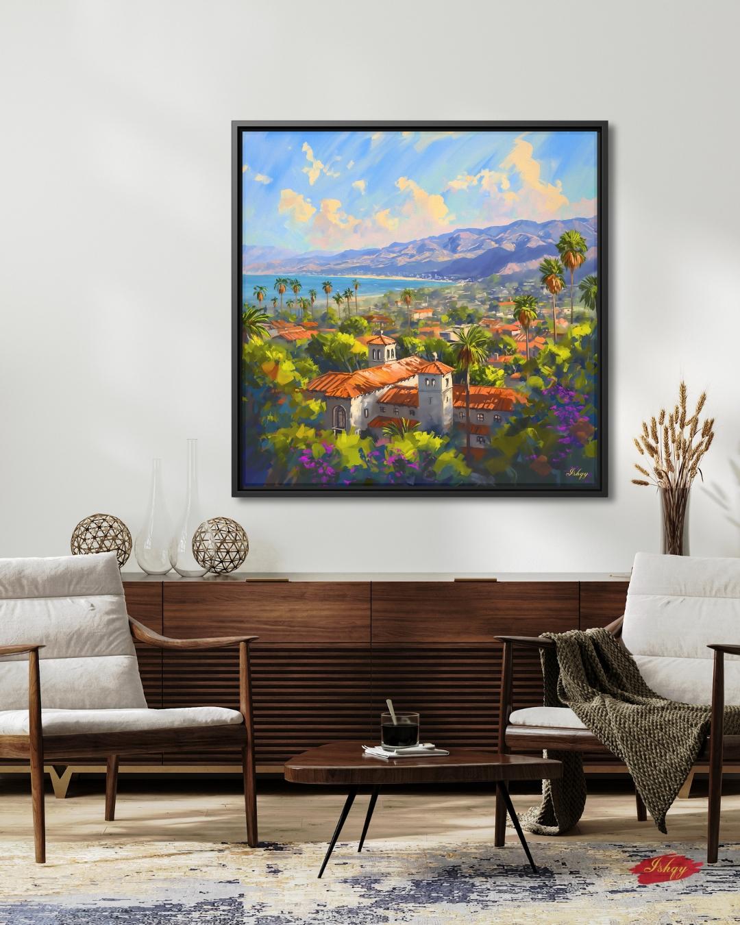 Santa Barbara Coast Art Print, California Landscape Canvas, Mediterranean Ocean View Painting, Colorful Coastal Wall Decor for Home
