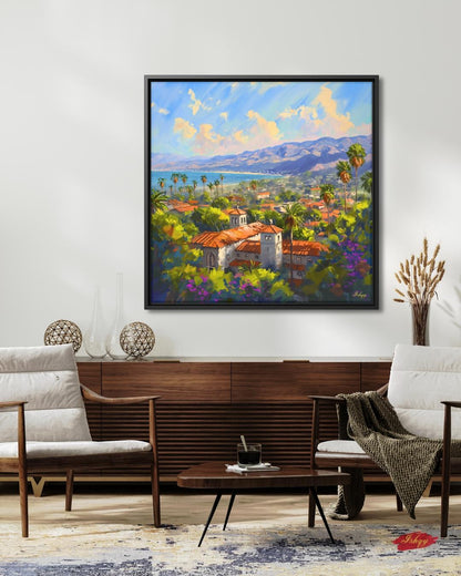 Santa Barbara Coast Art Print, California Landscape Canvas, Mediterranean Ocean View Painting, Colorful Coastal Wall Decor for Home