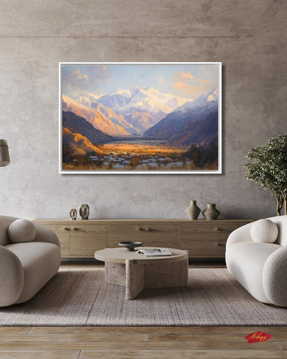 Panjshir Valley Afghanistan Mountain Landscape Wall Art Print, Canvas, Framed Canvas, Snowy Peaks Painting for Living Room Office Decor