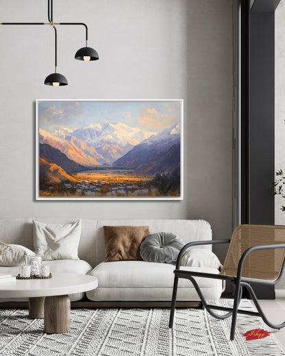 Panjshir Valley Afghanistan Mountain Landscape Wall Art Print, Canvas, Framed Canvas, Snowy Peaks Painting for Living Room Office Decor