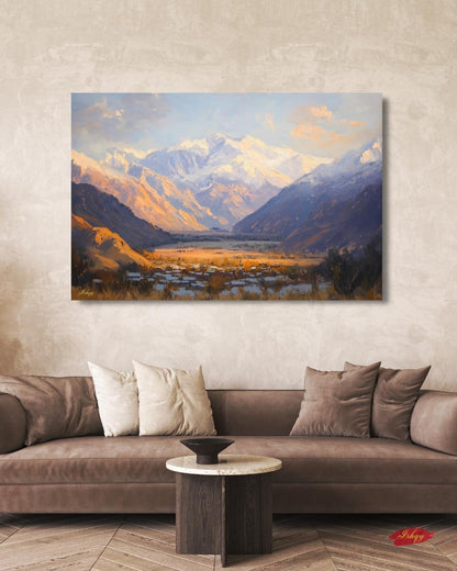Panjshir Valley Afghanistan Mountain Landscape Wall Art Print, Canvas, Framed Canvas, Snowy Peaks Painting for Living Room Office Decor
