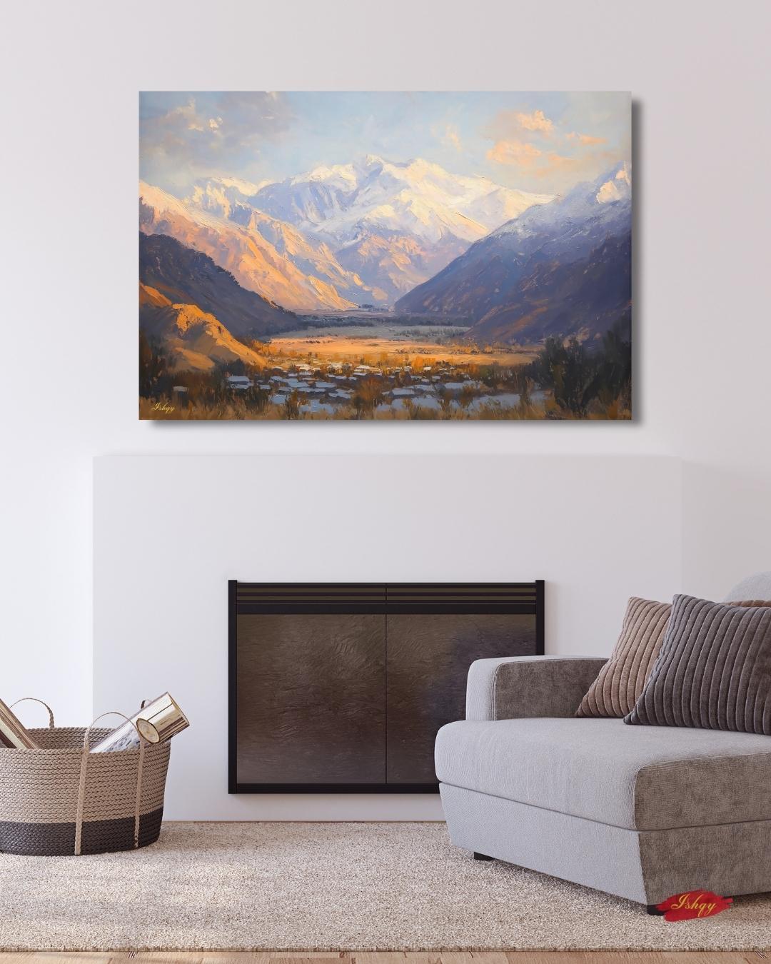 Panjshir Valley Afghanistan Mountain Landscape Wall Art Print, Canvas, Framed Canvas, Snowy Peaks Painting for Living Room Office Decor