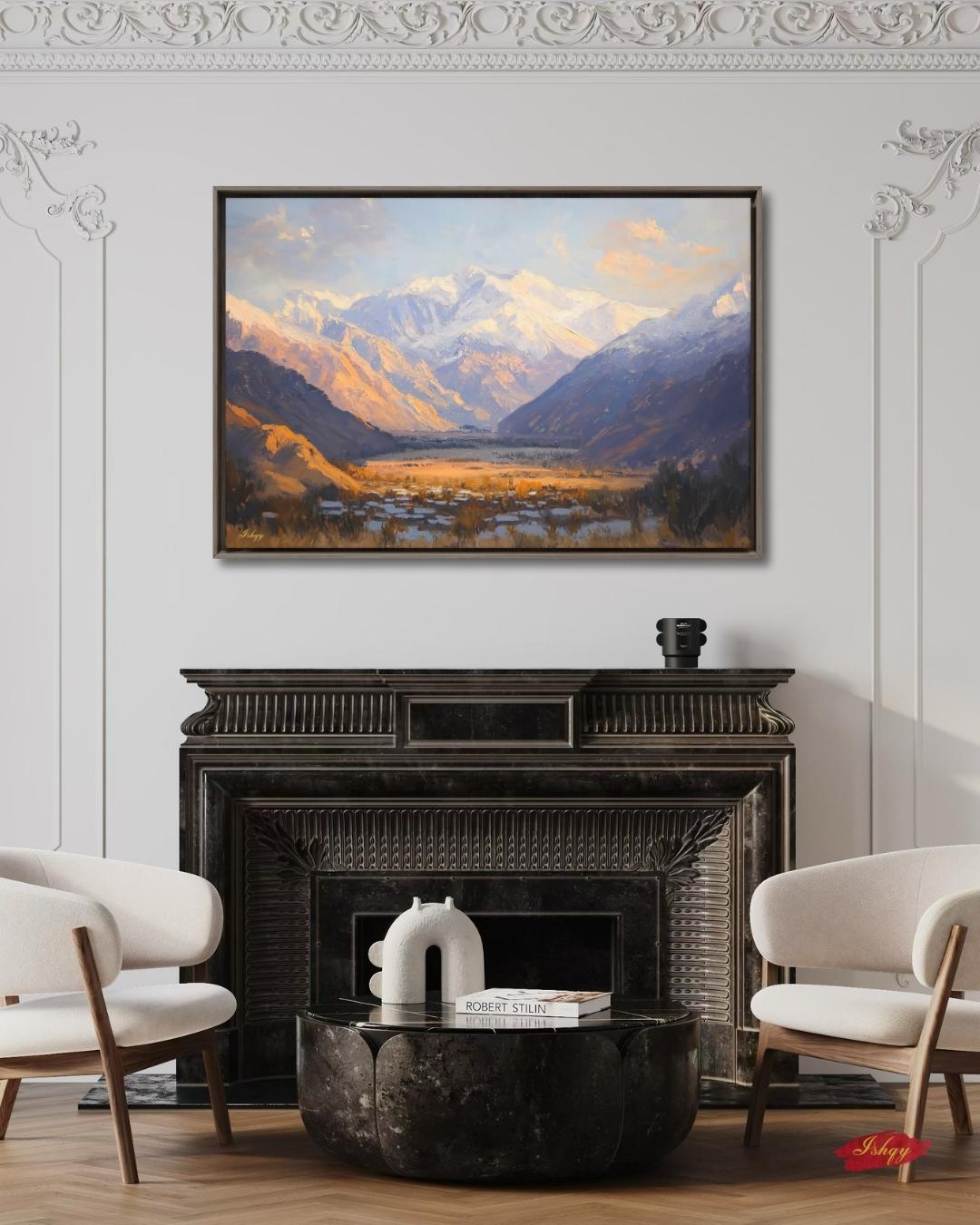 Panjshir Valley Afghanistan Mountain Landscape Wall Art Print, Canvas, Framed Canvas, Snowy Peaks Painting for Living Room Office Decor