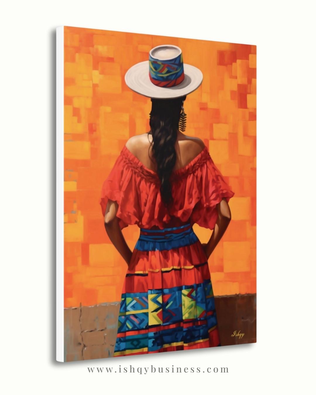 Colombian Woman Wall Art Canvas, Latin Folk Portrait Painting, Colorful Cultural Home Decor, South American Travel Art Gift