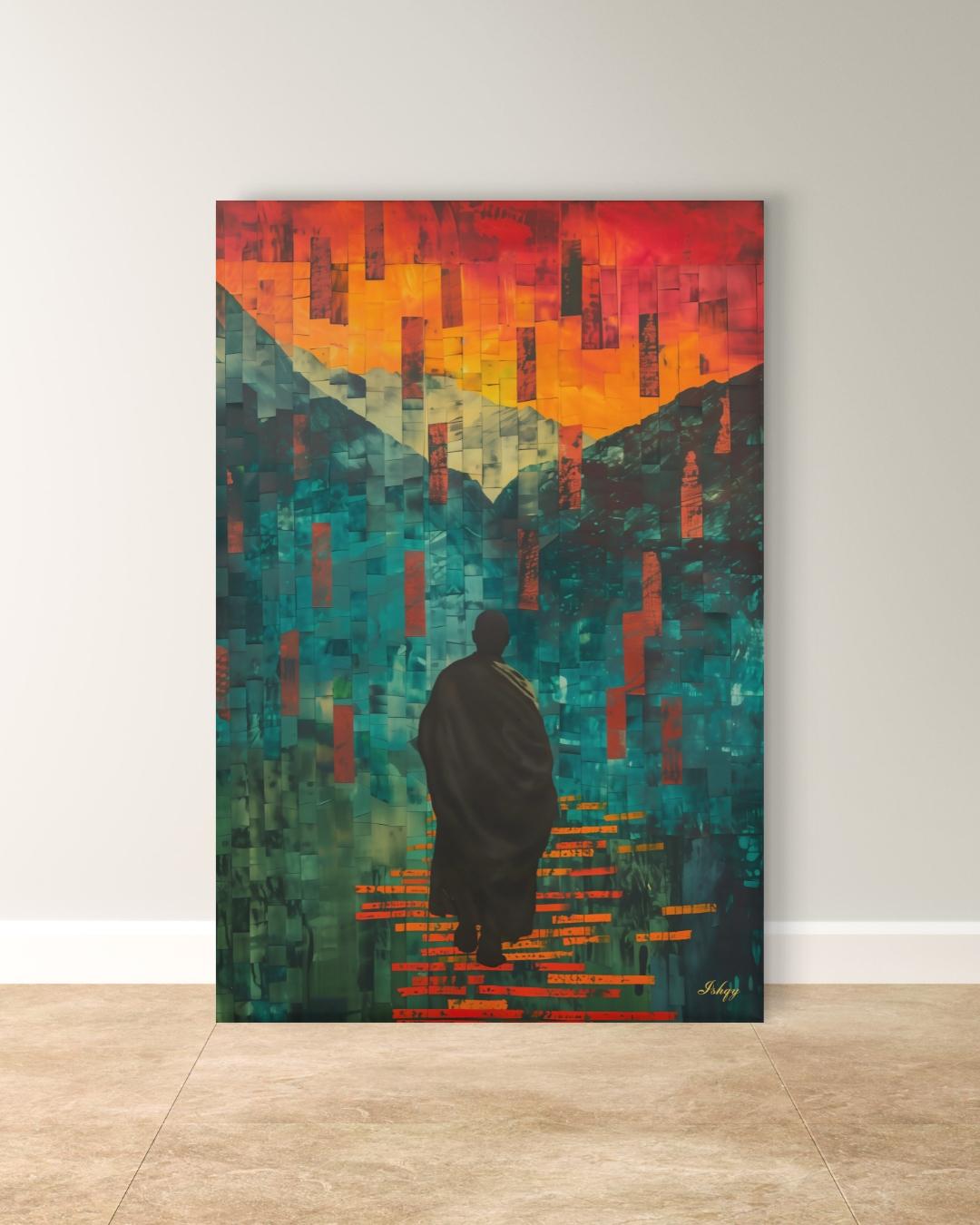 Abstract Monk Meditation Wall Art Print, Canvas, Framed Canvas, Zen Spiritual Landscape Mosaic, Teal Orange Mountains, Modern Boho Decor