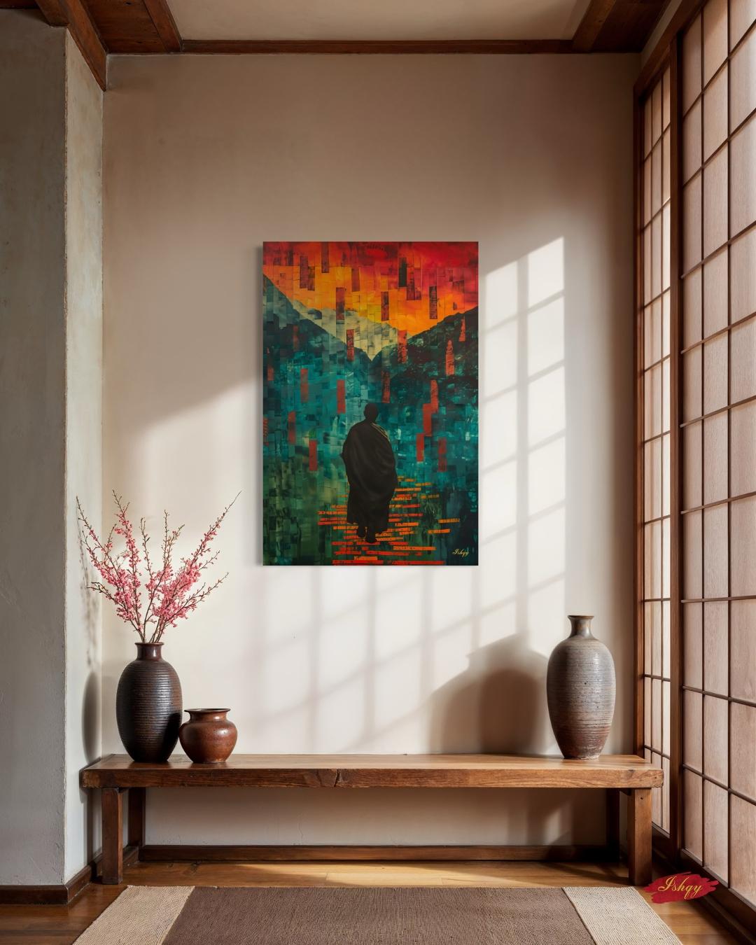 Abstract Monk Meditation Wall Art Print, Canvas, Framed Canvas, Zen Spiritual Landscape Mosaic, Teal Orange Mountains, Modern Boho Decor