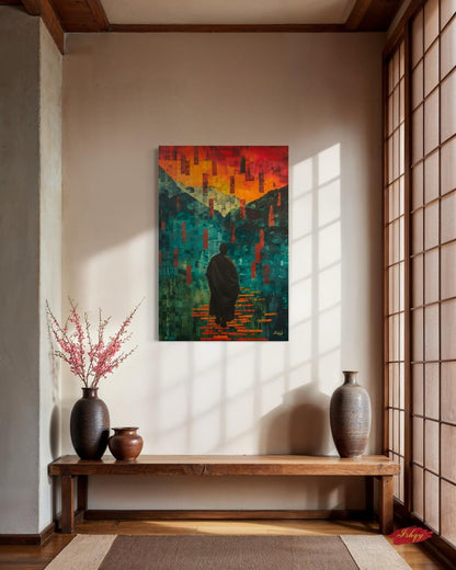 Abstract Monk Meditation Wall Art Print, Canvas, Framed Canvas, Zen Spiritual Landscape Mosaic, Teal Orange Mountains, Modern Boho Decor