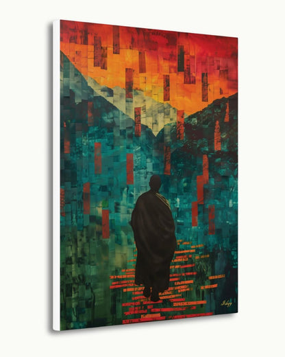 Abstract Monk Meditation Wall Art Print, Canvas, Framed Canvas, Zen Spiritual Landscape Mosaic, Teal Orange Mountains, Modern Boho Decor