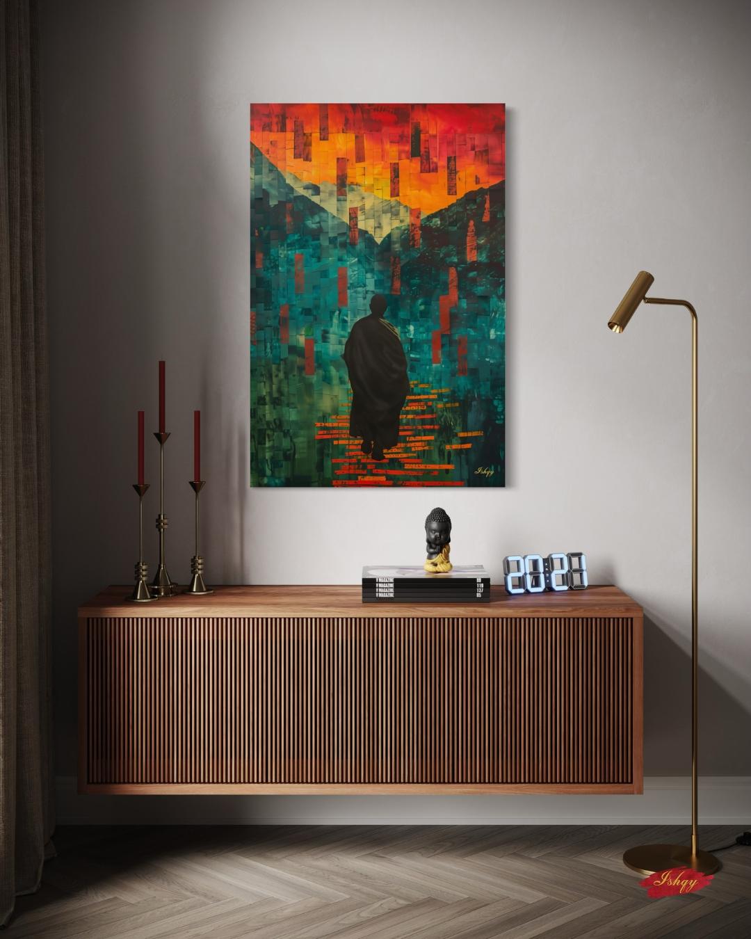 Abstract Monk Meditation Wall Art Print, Canvas, Framed Canvas, Zen Spiritual Landscape Mosaic, Teal Orange Mountains, Modern Boho Decor