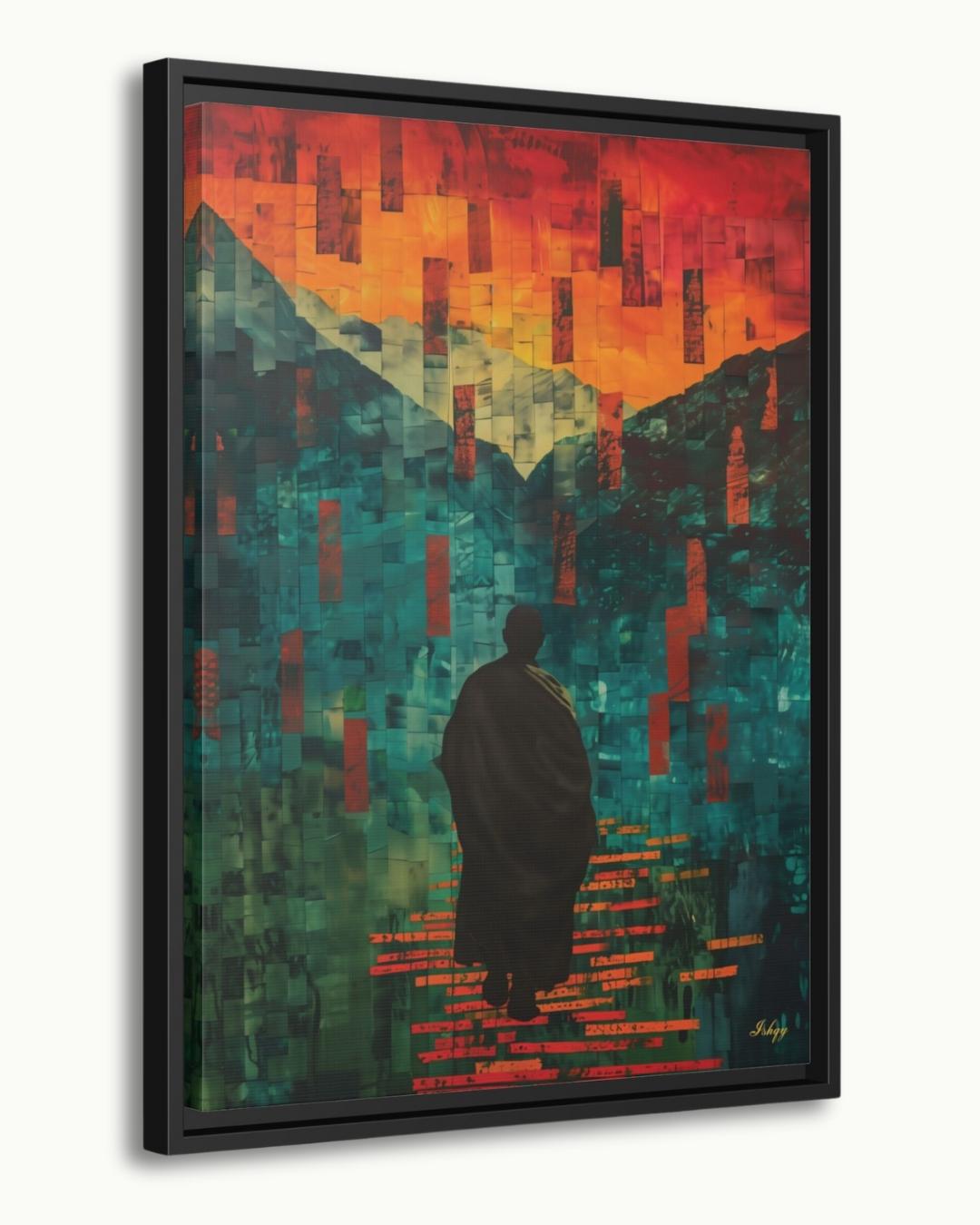 Abstract Monk Meditation Wall Art Print, Canvas, Framed Canvas, Zen Spiritual Landscape Mosaic, Teal Orange Mountains, Modern Boho Decor