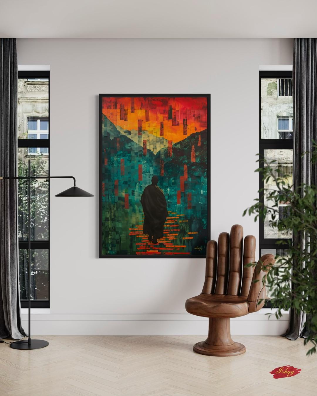 Abstract Monk Meditation Wall Art Print, Canvas, Framed Canvas, Zen Spiritual Landscape Mosaic, Teal Orange Mountains, Modern Boho Decor