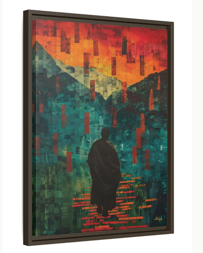 Abstract Monk Meditation Wall Art Print, Canvas, Framed Canvas, Zen Spiritual Landscape Mosaic, Teal Orange Mountains, Modern Boho Decor