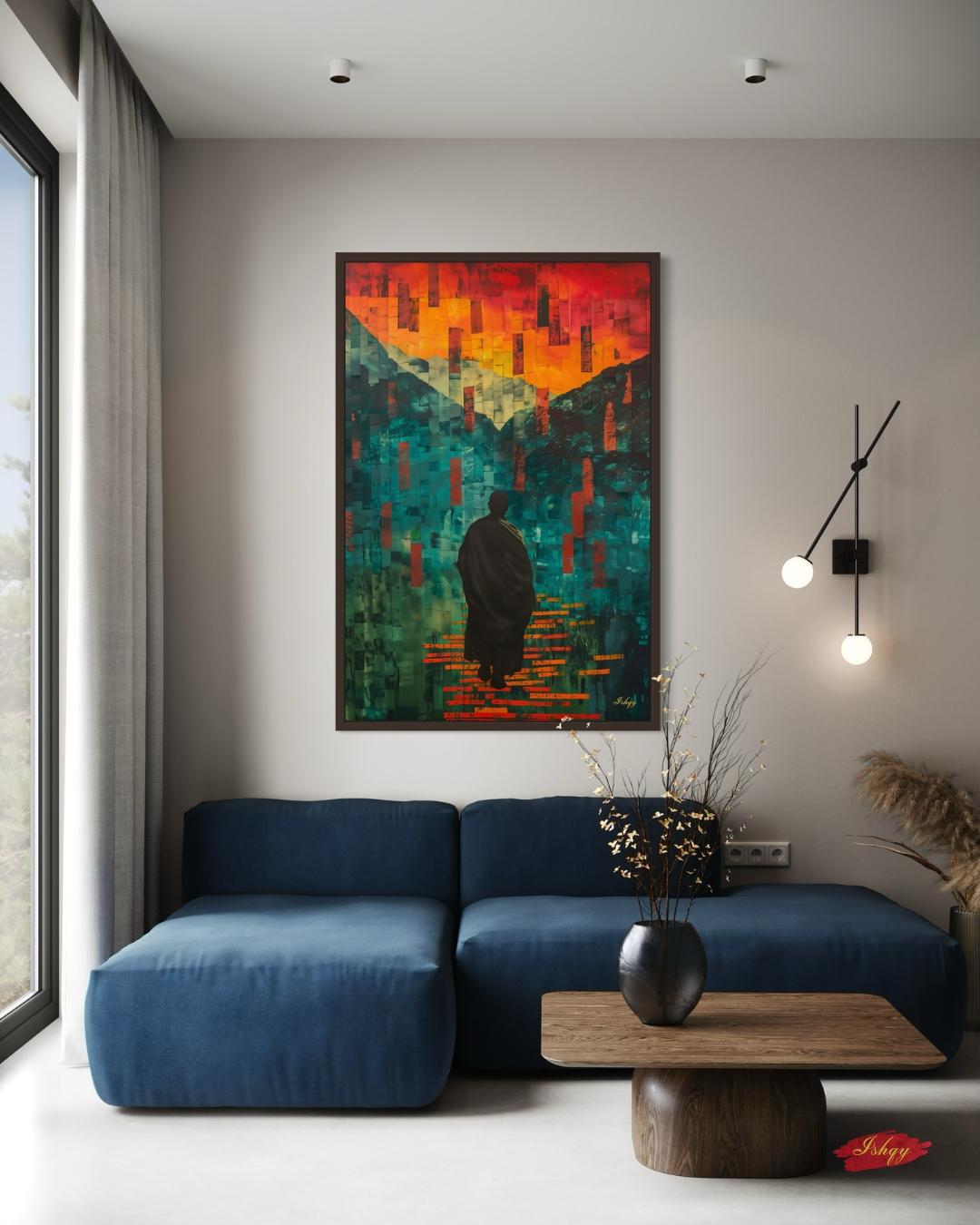 Abstract Monk Meditation Wall Art Print, Canvas, Framed Canvas, Zen Spiritual Landscape Mosaic, Teal Orange Mountains, Modern Boho Decor